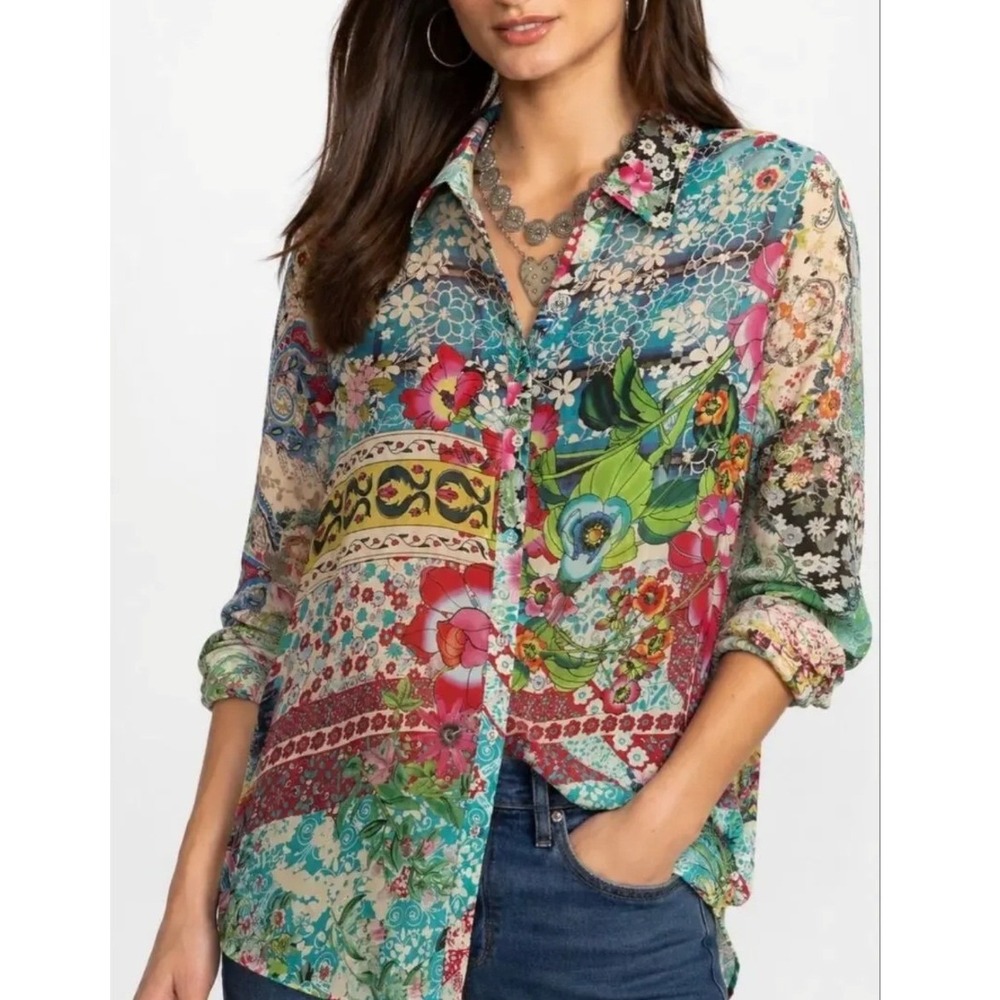 Johnny Was Milla Oversized Shirt Women Size M Cupra Rayon Floral Patchwork Print